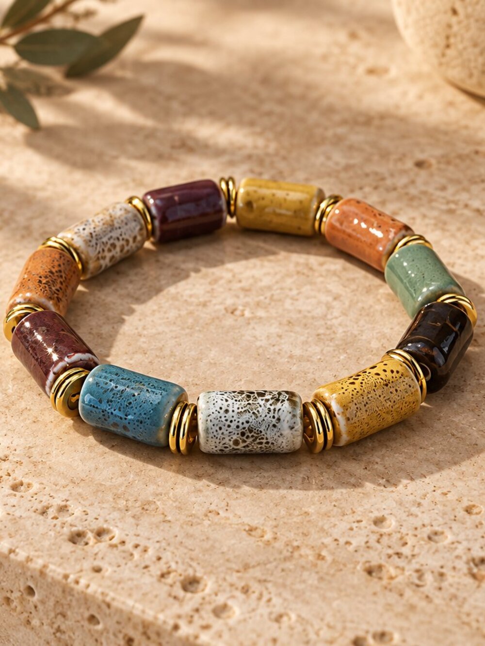 Ceramic Colorful Glass Beaded Bracelet with Gold Spacers - NWOT